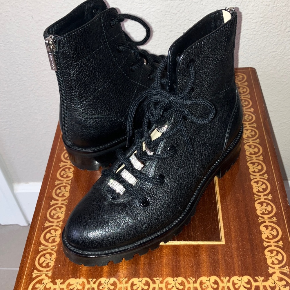 New 35.5  JIMMY CHOO Bren Crystal Embellished Lace-up Combat Boots